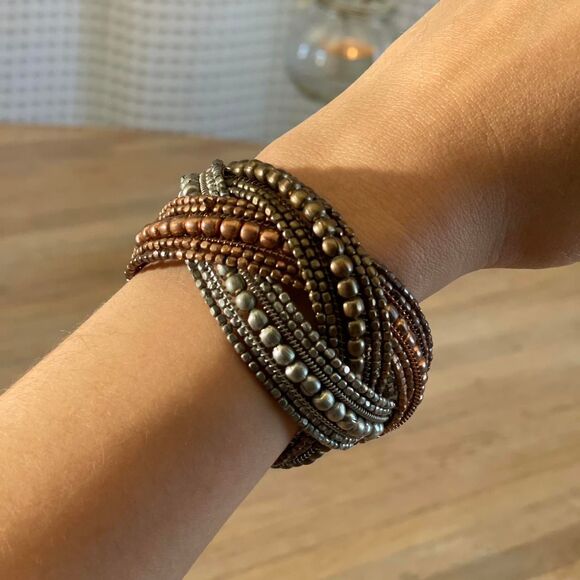Vintage Boho Bronze Beaded Wrap Cuff Bracelet Multistrand Metal Festival Jewelry - Picture 4 of 8